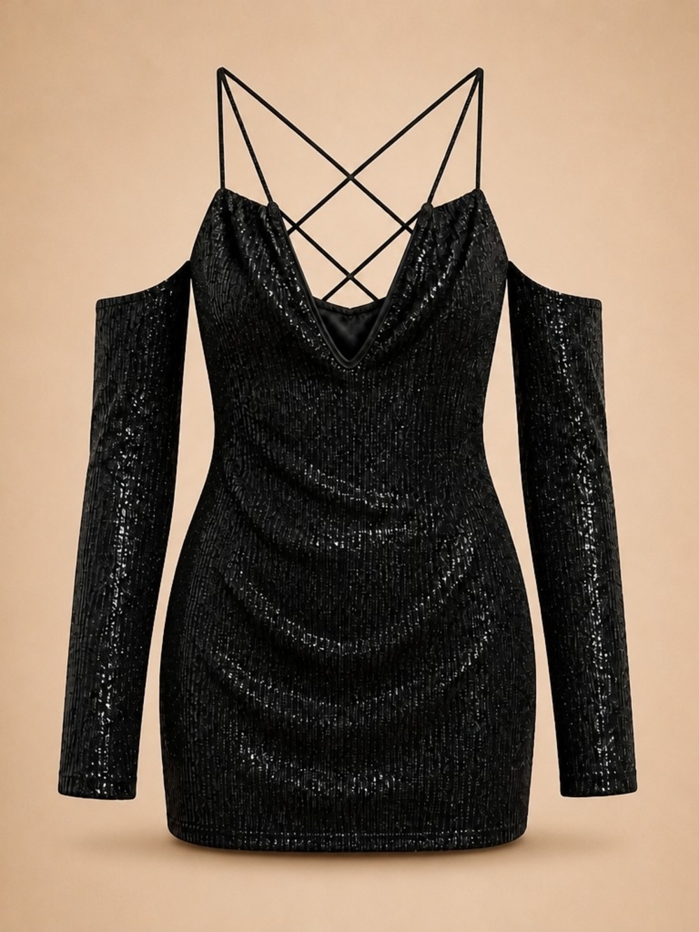 Homecoming LBD Black Sequin Crisscross Strappy Mini Dress 4079